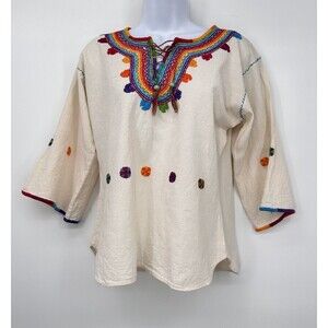 Vintage 60s Mexican Blouse Top Peasant Embroidered Floral Folkwear Art‎ Frida